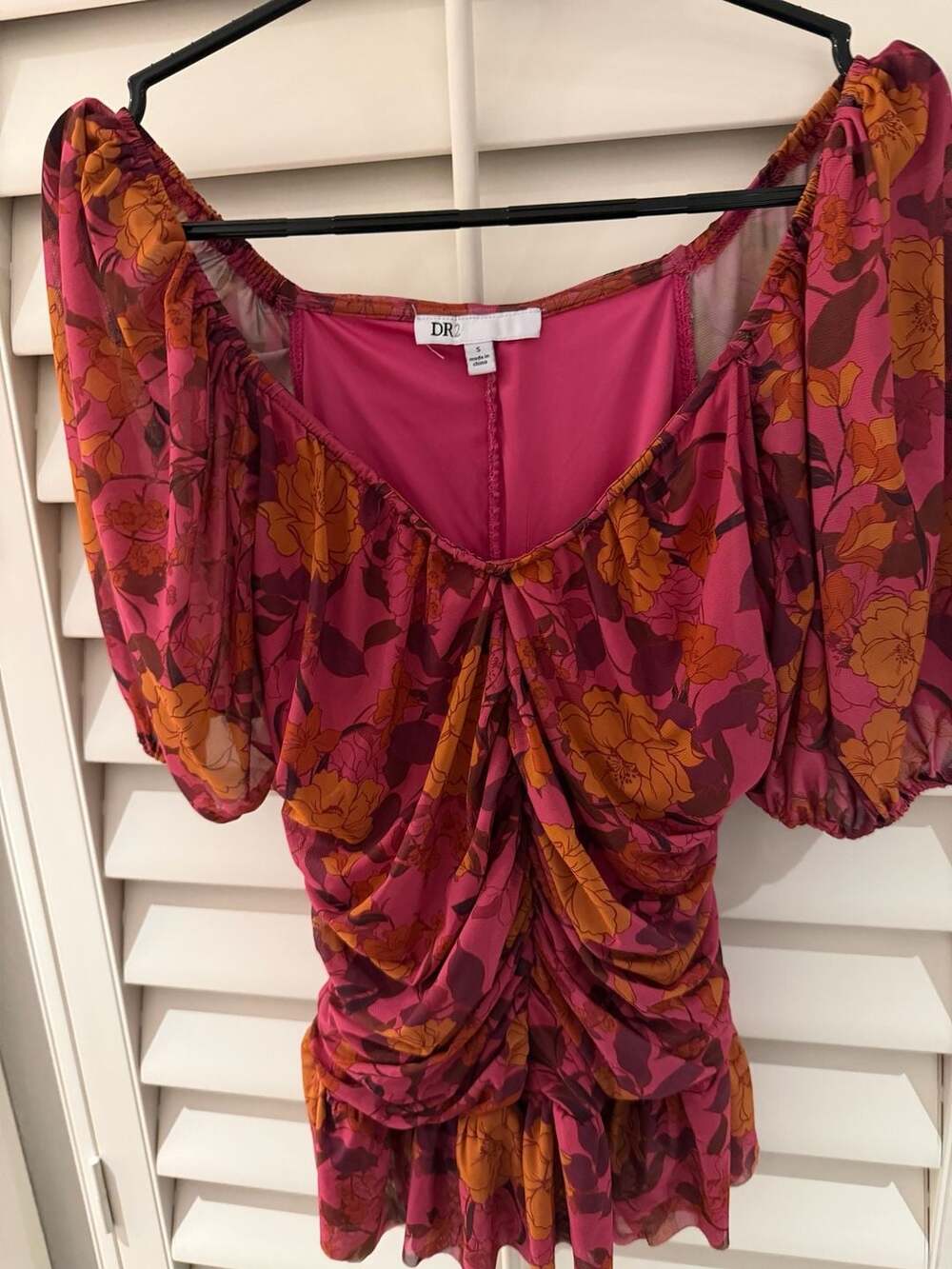 DR2 Women's Floral Puff Sleeve Ruched Peplum Blouse Top Small